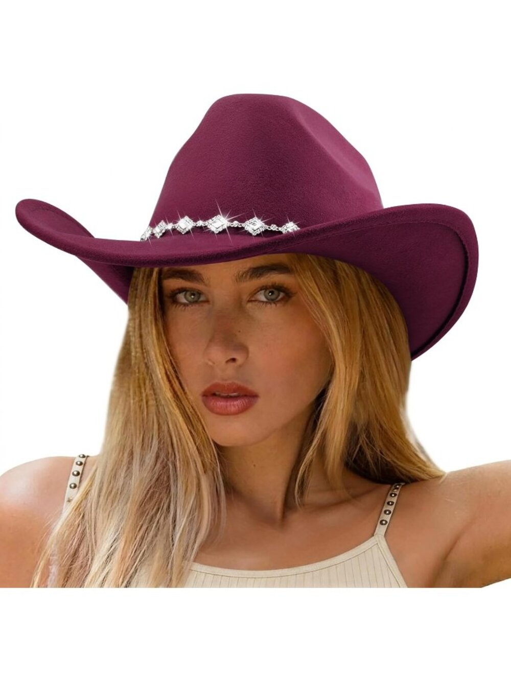 Women's Burgundy Rhinestone Glitter Wide Brim Felt Cowboy Western Cowgirl Hat
